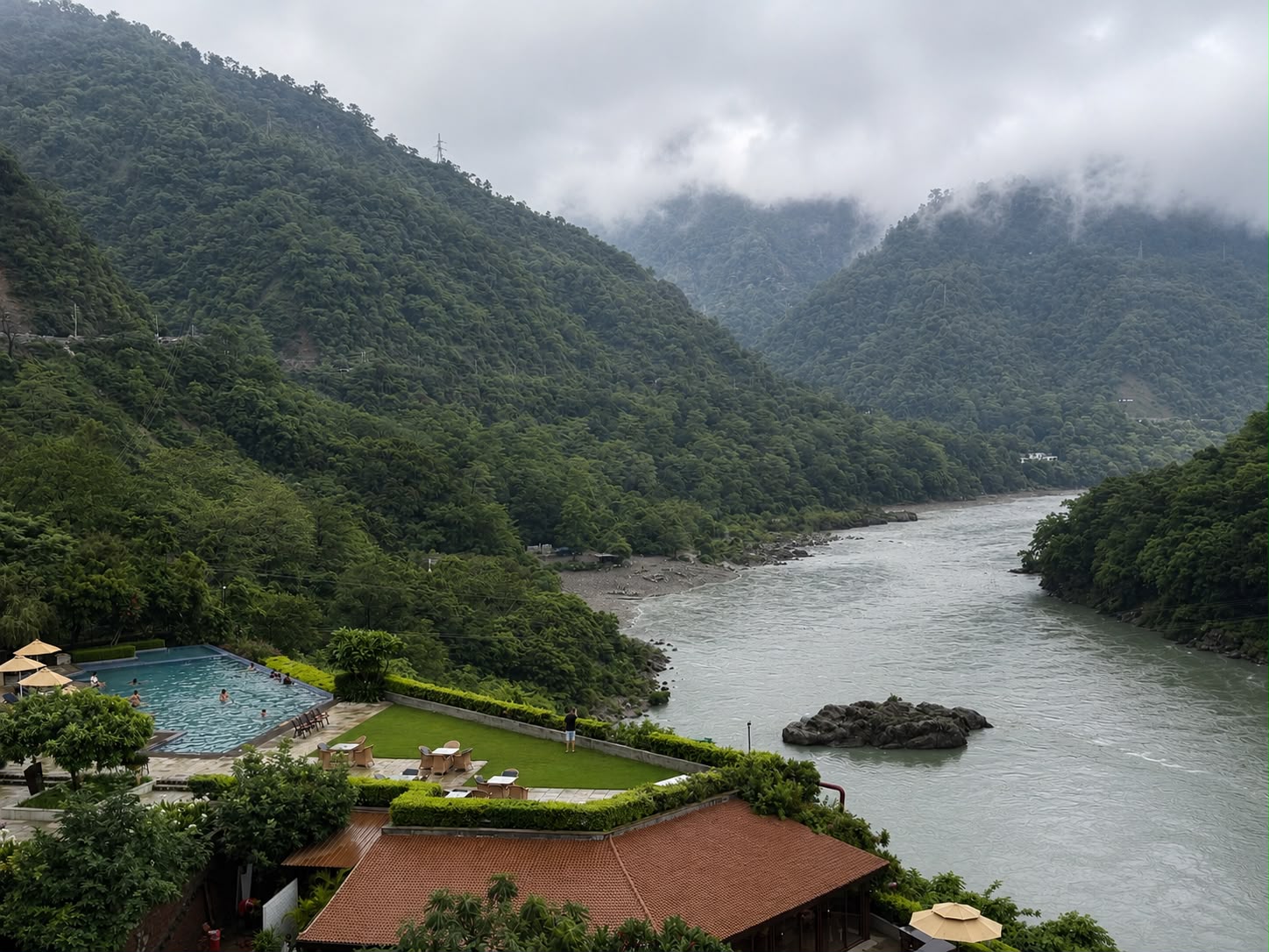 Resort pool and river valley at Aloha on the Ganges