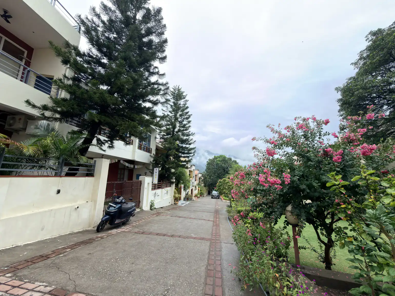 Residential street and garden at Evara Villas