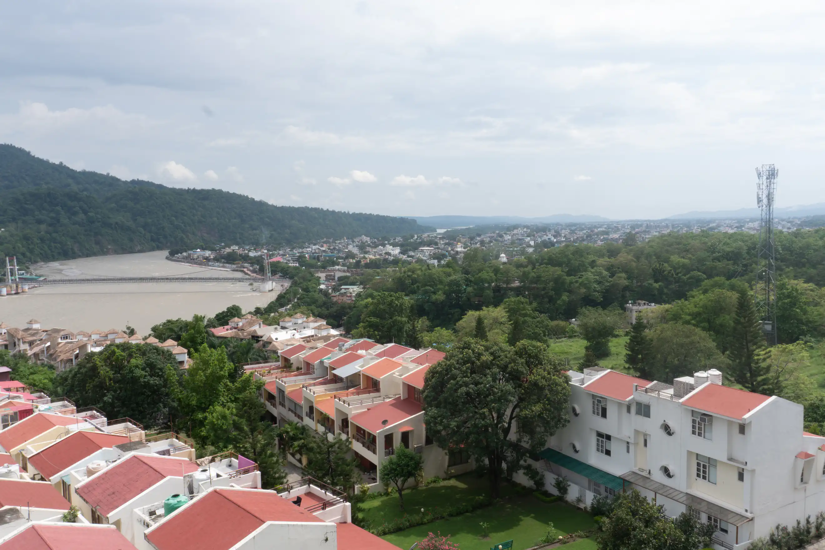 Panoramic river valley from the penthouse at Ganges Heaven