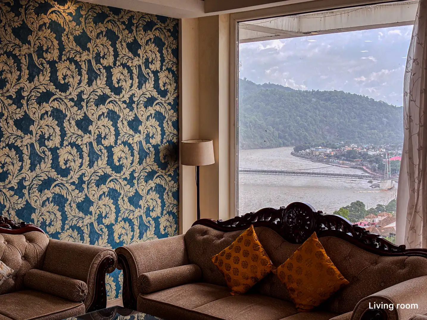 Living room overlooking the Ganga at Ganges Heaven